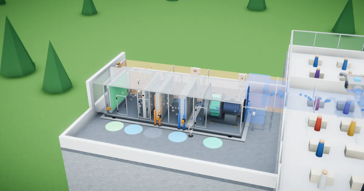 The 3D office floor with its glass air handler and ten VAV boxes