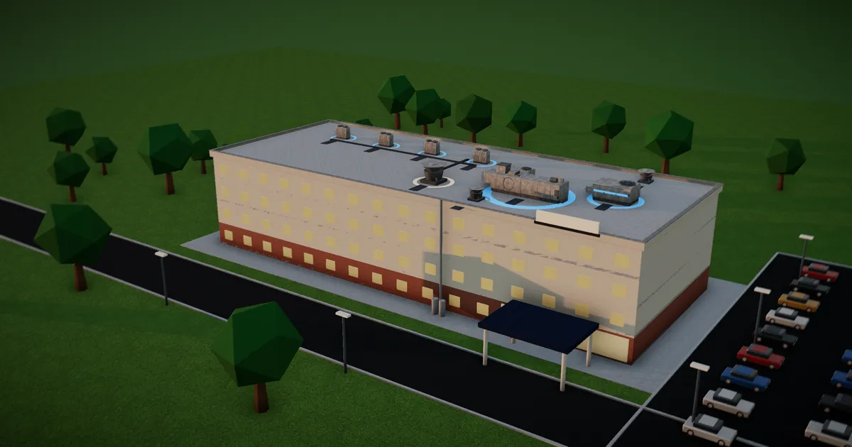 The 3D hotel at dusk: lit guest-room windows, four outdoor units and the outdoor-air unit on the roof