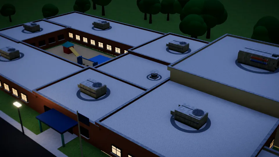 The school at night with corridor, gym and site lights still on.