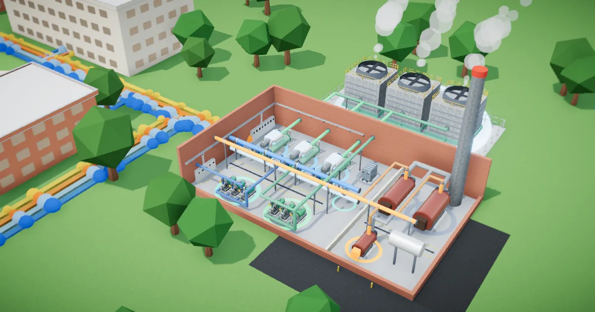 The 3D campus plant with its roof lifted: chillers, pumps, boilers and the cooling towers behind