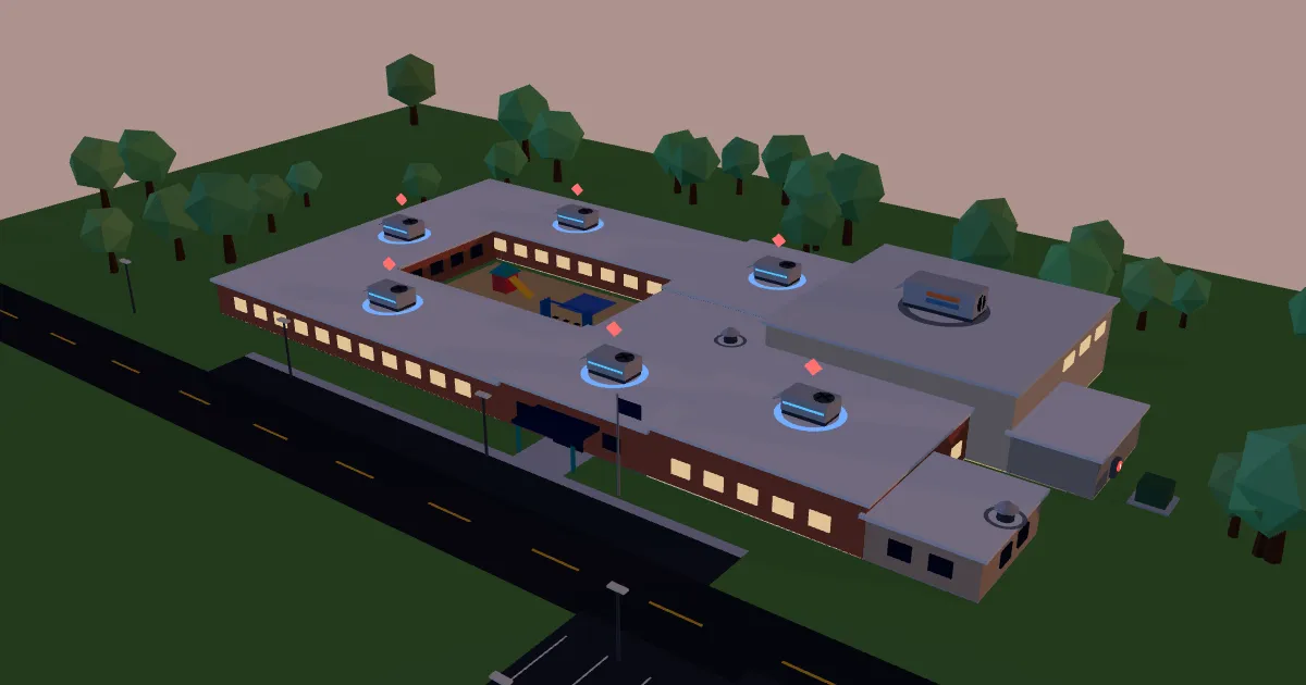 Low-poly 3D model of an elementary school at dusk: lit windows, six rooftop units on glowing pads and red fault markers above the units left running after hours.